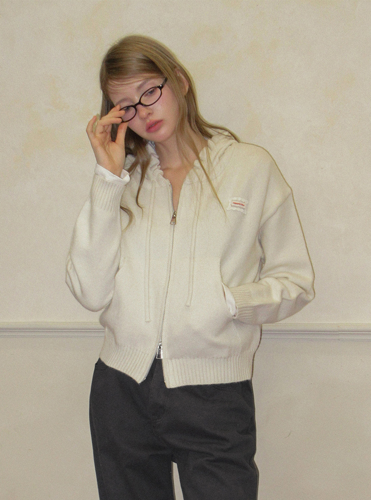 TWEE Berle wave hood long sleeve knit zip-up | Product styling view 9