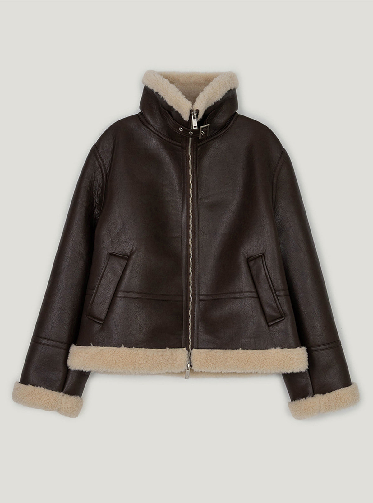 Zelto basic high-neck faux leather shearling jacket | Brown cutout