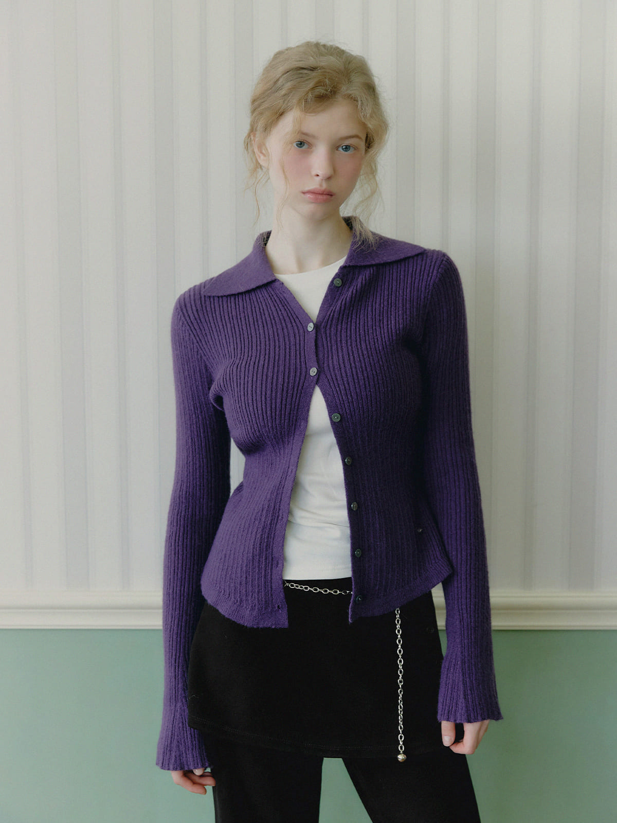 Tails collar ribbed long-sleeve cardigan