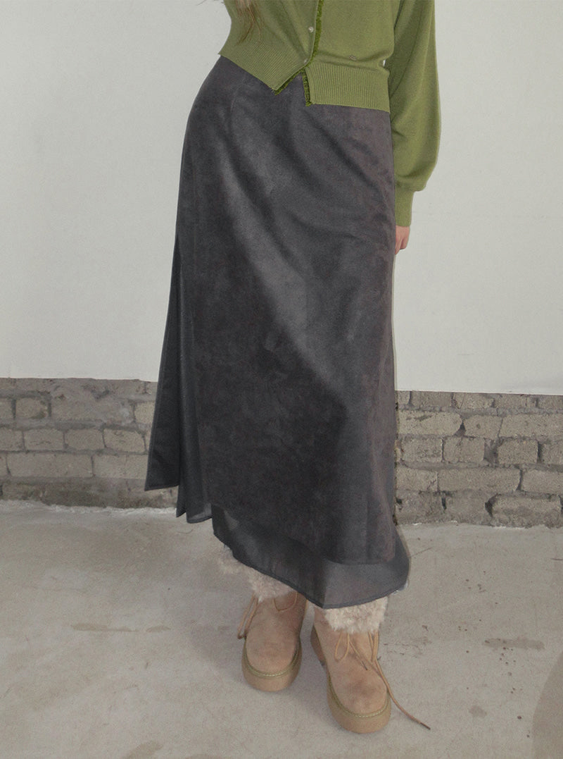 TWEE Benz organza layered suede long skirt | Product styling view 4