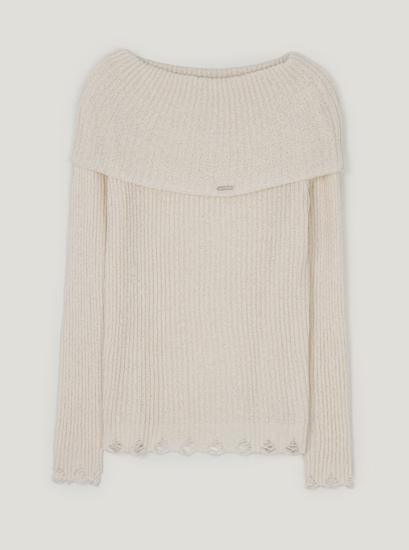 Kaen vintage distressed off-shoulder long sleeve knit | Cream cutout