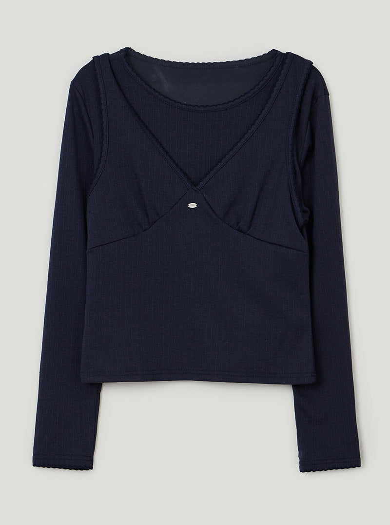 TWEE Bokle lace sleeveless long sleeve T-shirt set | Navy product-only view