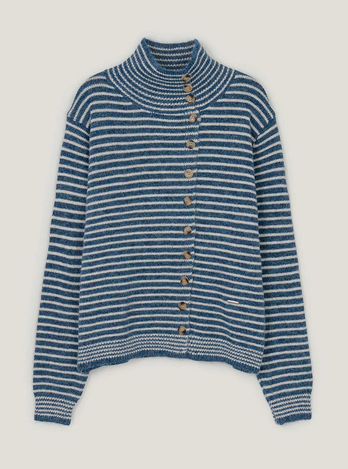Rozin asymmetric button stripe knit long sleeve cardigan | Blue cutout