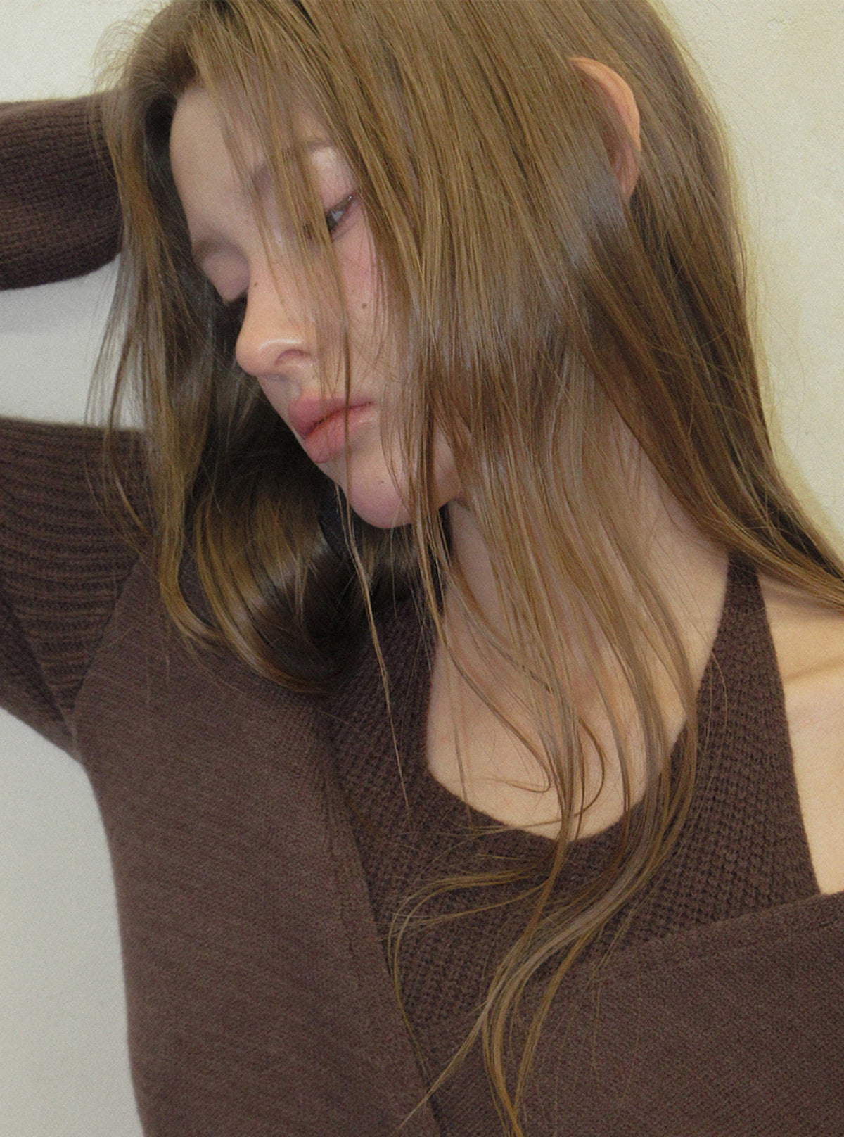 TWEE Tia halter layered wrap long sleeve knit | Product styling view 4