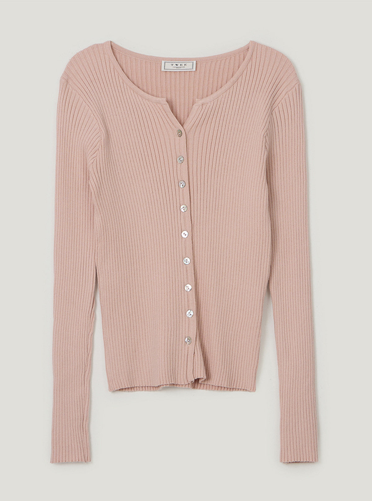 TWEE Elan slim ribbed knit long sleeve cardigan | Pink product-only view