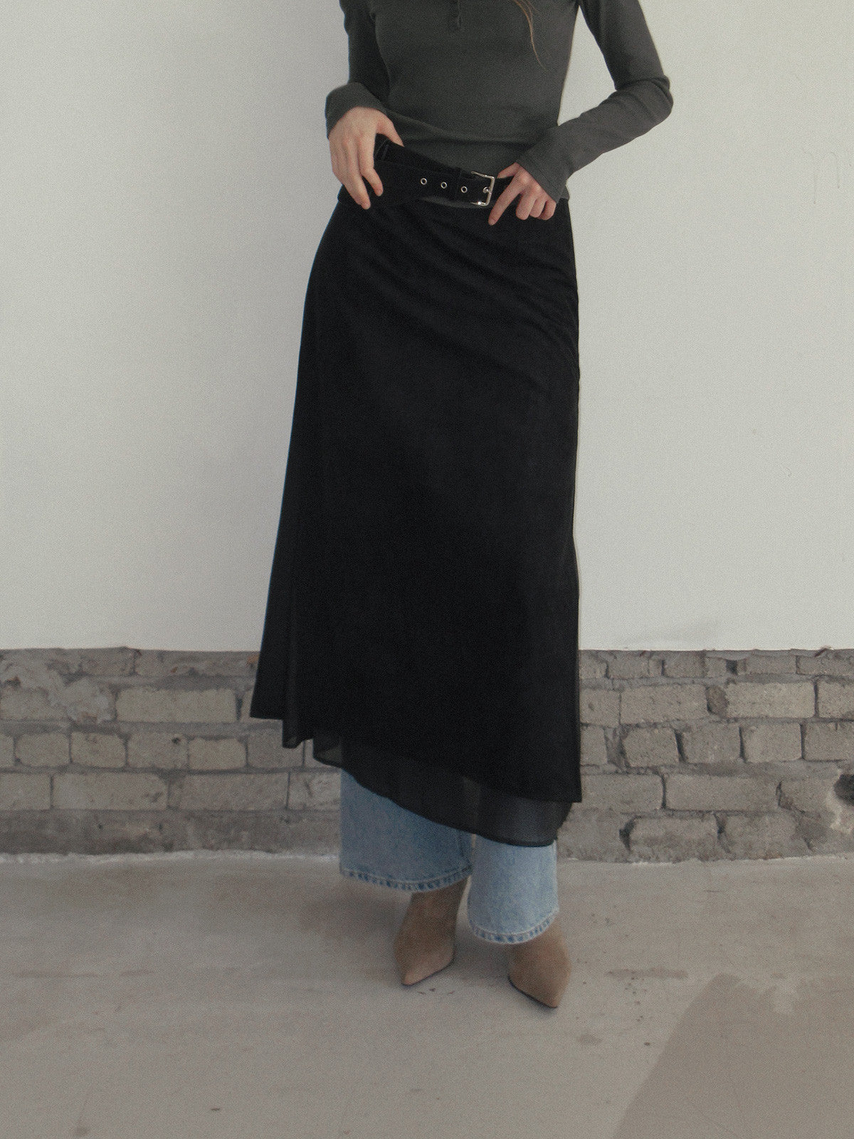 TWEE Benz organza layered suede long skirt | Product styling view 11