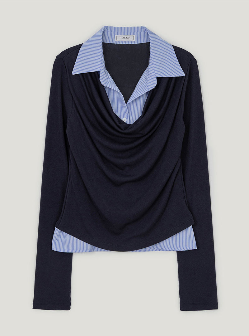 TWEE Ravi shirt contrast drape long sleeve T-shirt | Navy product-only view