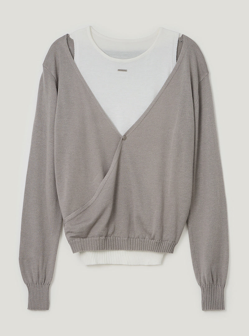 TWEE Koen deep V-neck wrap layered long sleeve knit | Light gray product-only view