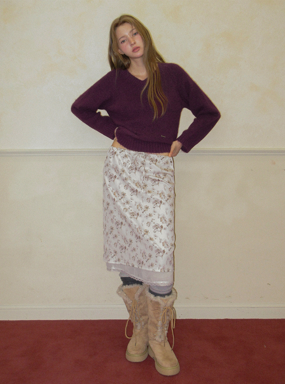 TWEE Word floral pattern satin midi skirt | Product styling view 6