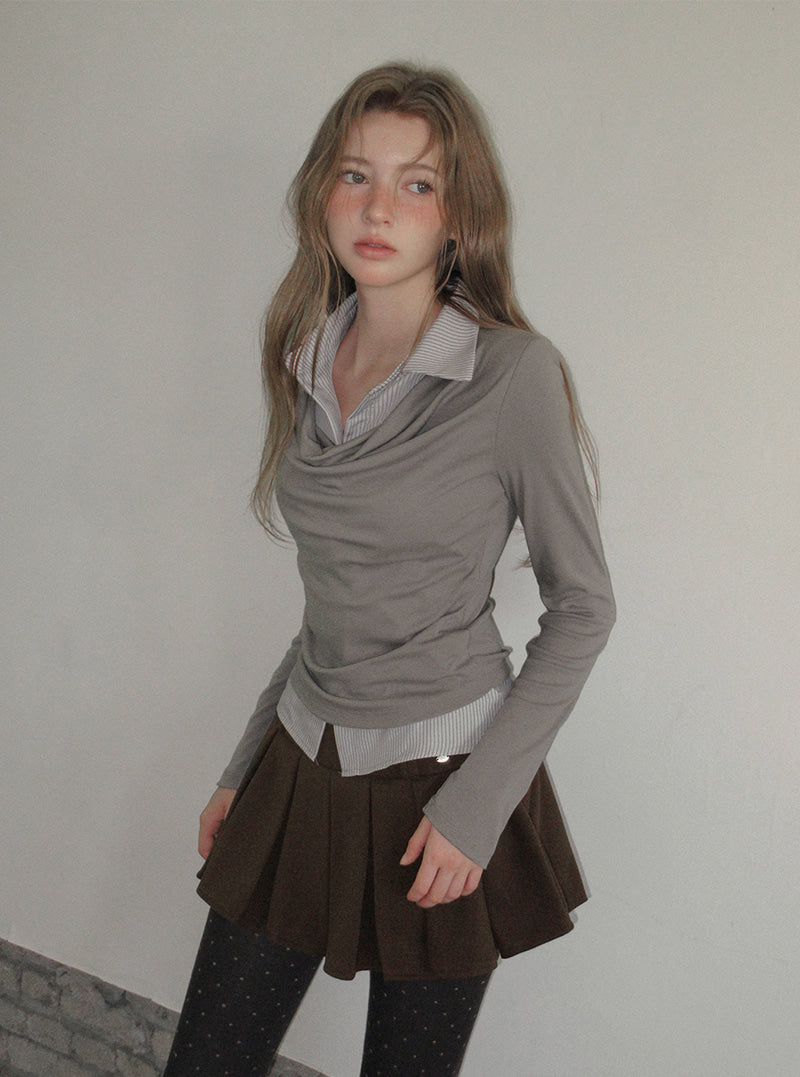 TWEE Ravi shirt contrast drape long sleeve T-shirt | Product styling view 4