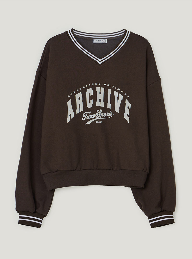 TWEE Perat archive V-neck contrast long sleeve sweatshirt | Brown product-only view