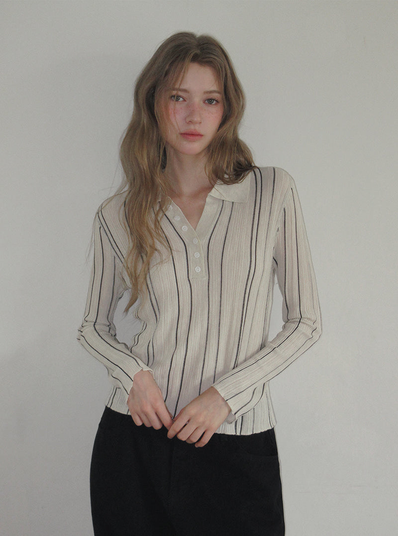 TWEE Polin collar vertical ribbed long sleeve knit | Product styling view 7