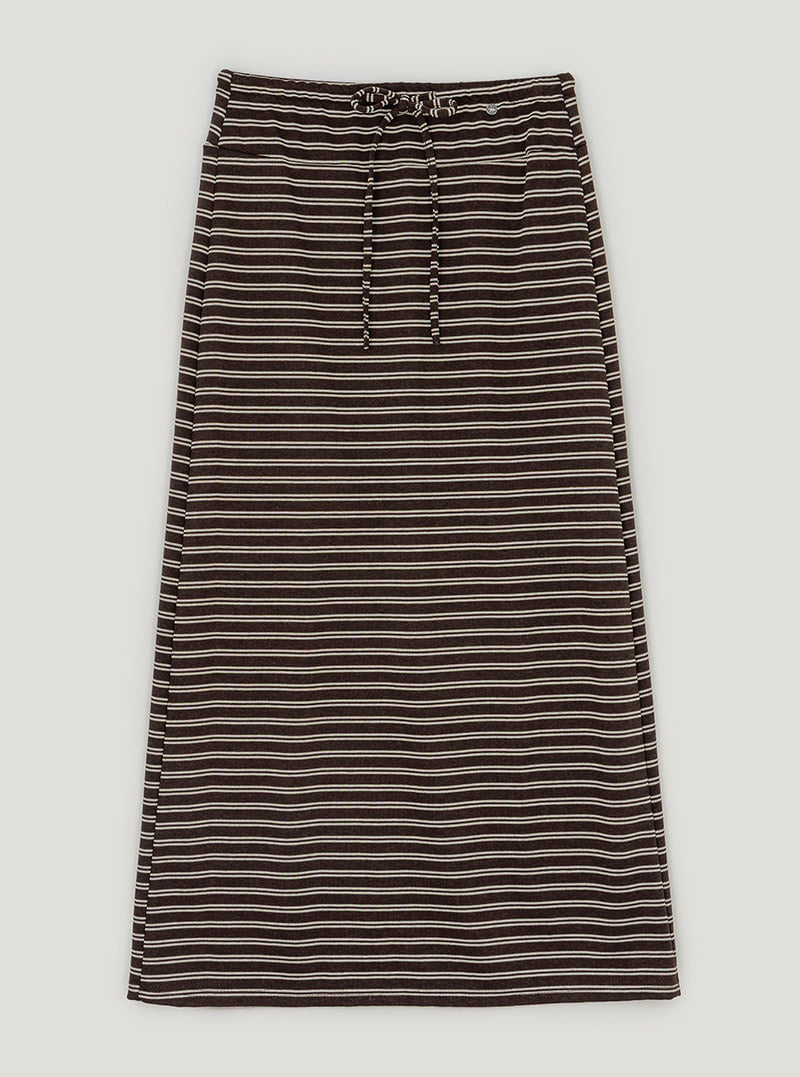 Pinel stripe wide banding long skirt | Brown cutout