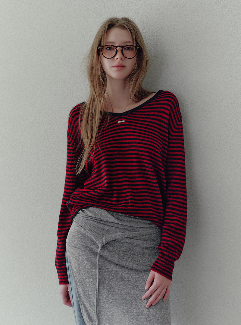 Letter V-neck stripe long sleeve knit | View 11