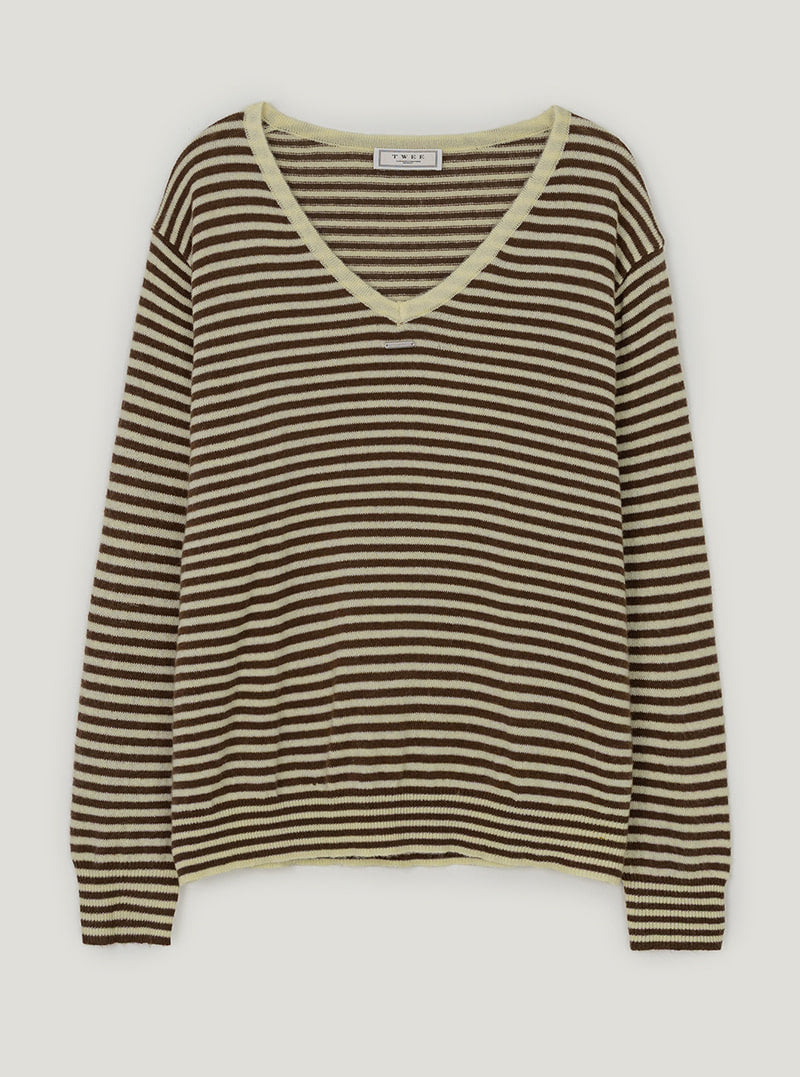 Letter V-neck stripe long sleeve knit | Mustard cutout