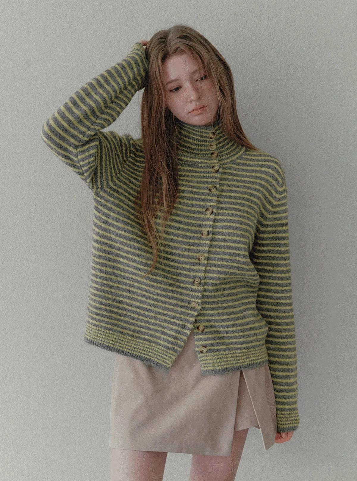 Rozin asymmetric button stripe knit long sleeve cardigan | Main