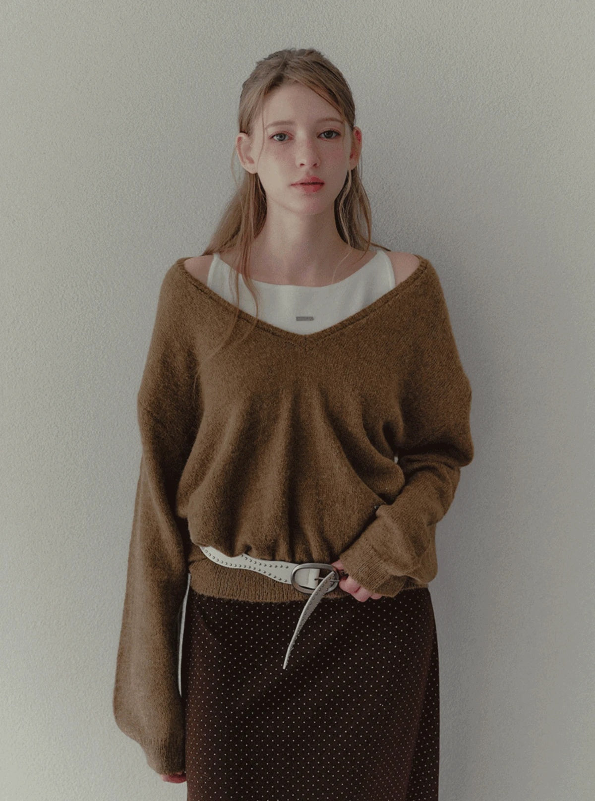 Sorted deep V-neck long sleeve knit | Main