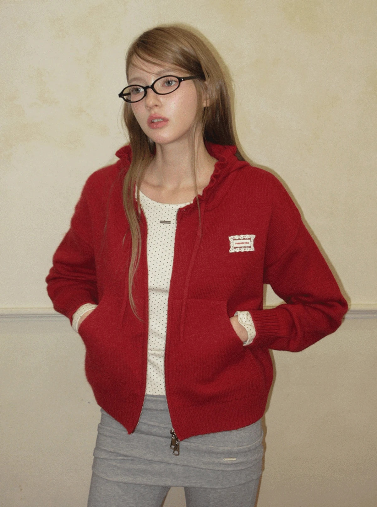 TWEE Berle wave hood long sleeve knit zip-up | Main product image