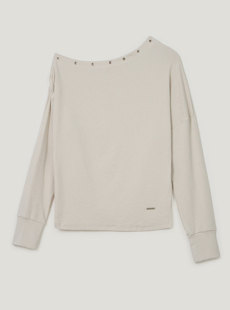 TWEE Leso eyelet shirring loose-fit long sleeve T-shirt | Cream product-only view