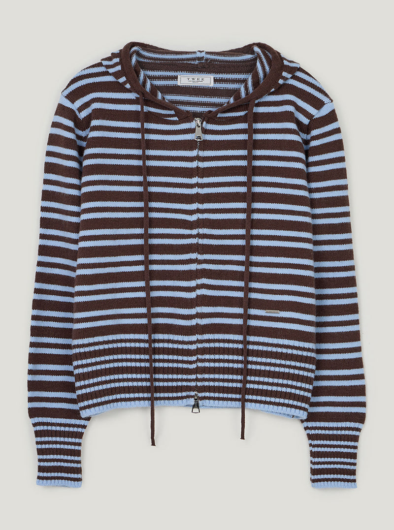 TWEE Error stripe knit hood zip-up | Brown product-only view