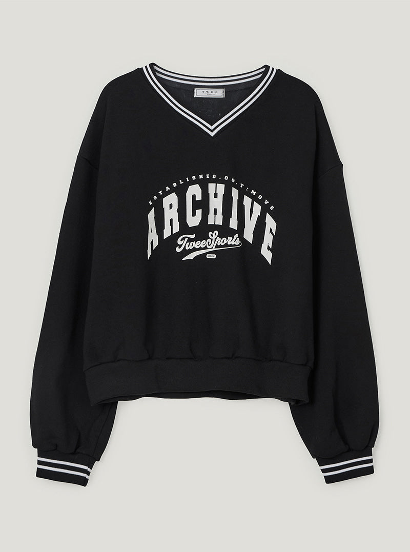 TWEE Perat archive V-neck contrast long sleeve sweatshirt | Black product-only view