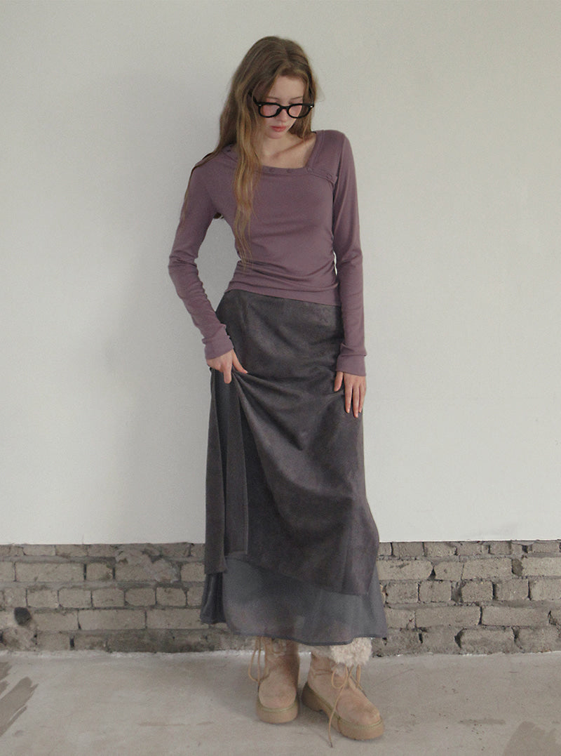 TWEE Benz organza layered suede long skirt | Product styling view 7