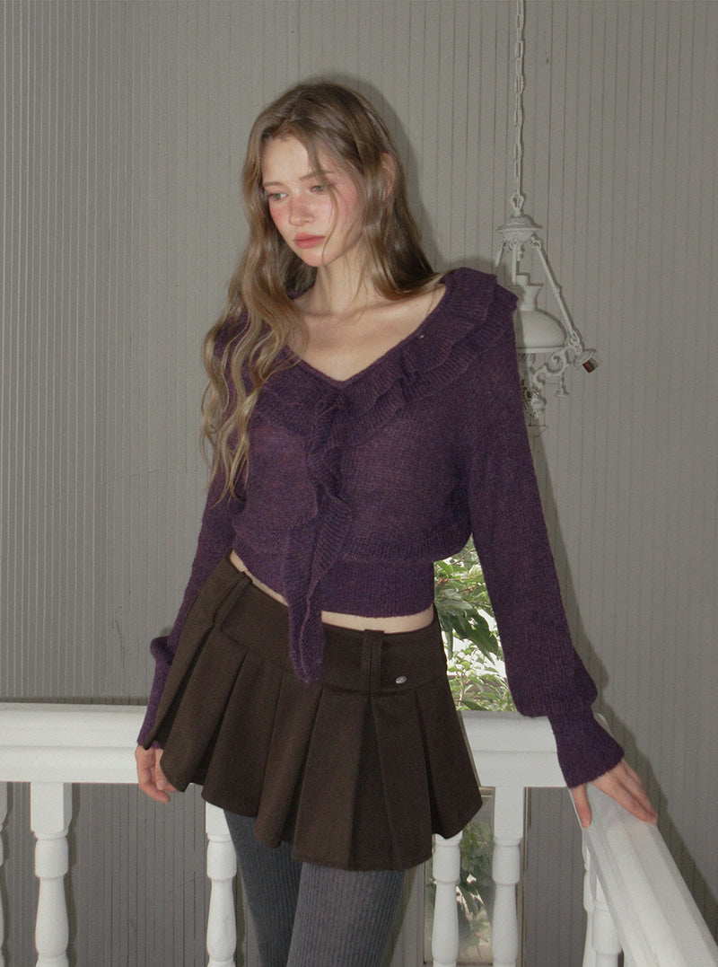 TWEE Torez ruffle V-neck long sleeve knit | Product styling view 3