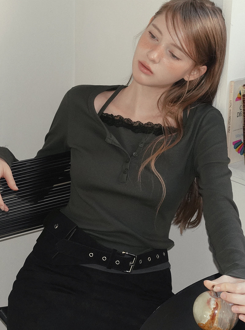 TWEE Martin lace contrast button long sleeve T-shirt | Product styling view 6