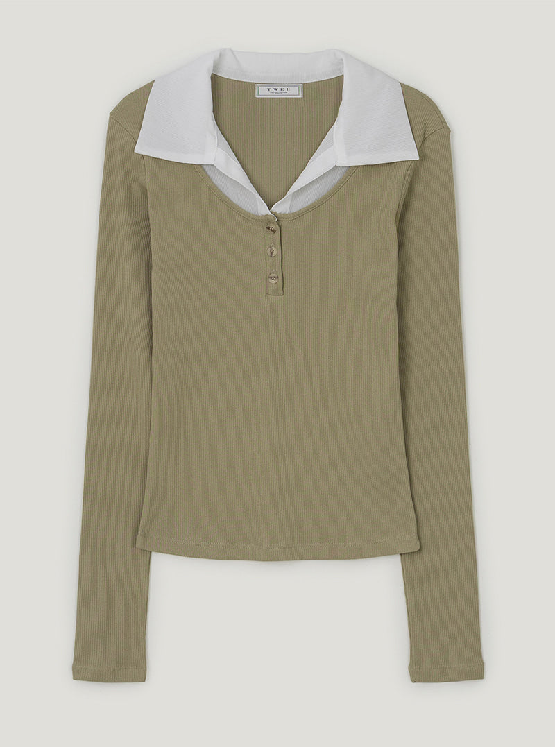 TWEE Keller contrast collar ribbed long sleeve T-shirt | Olive product-only view
