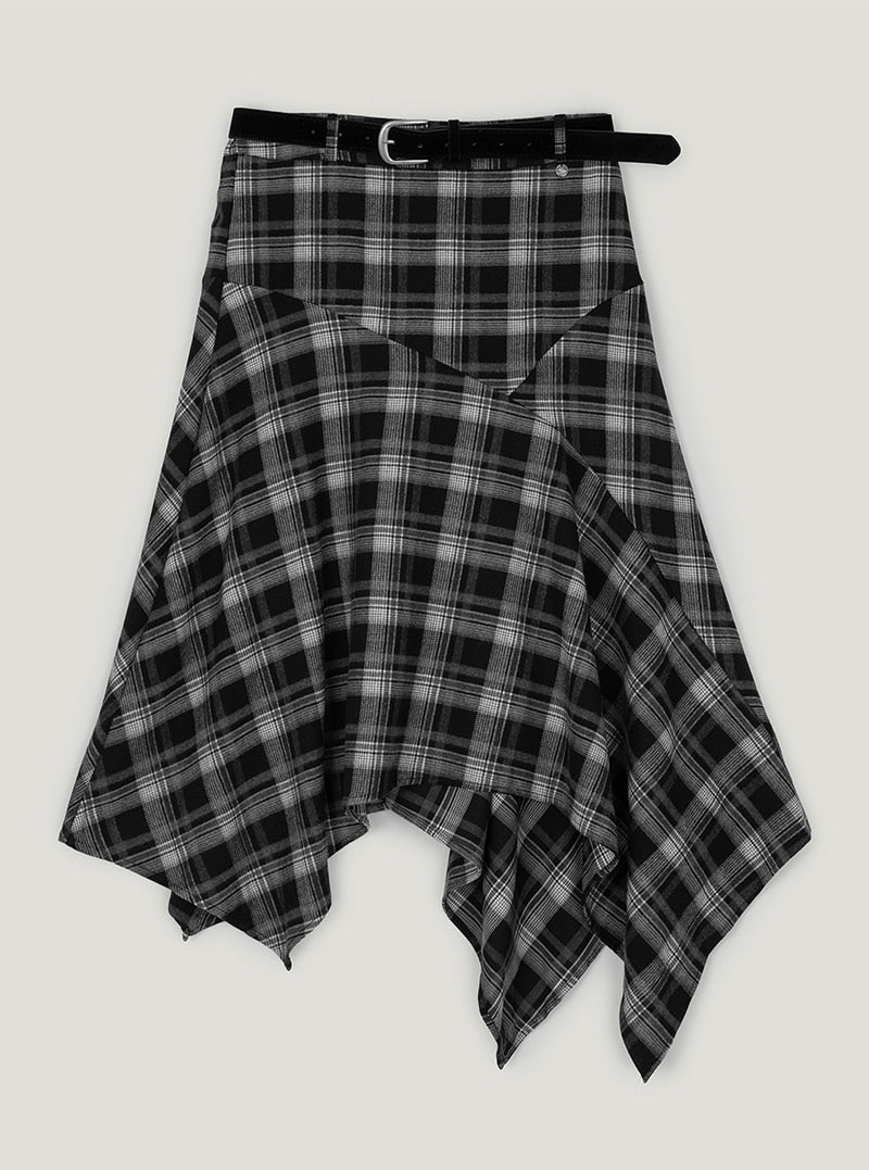 Pillin check asymmetric midi skirt (belt set) | Black cutout