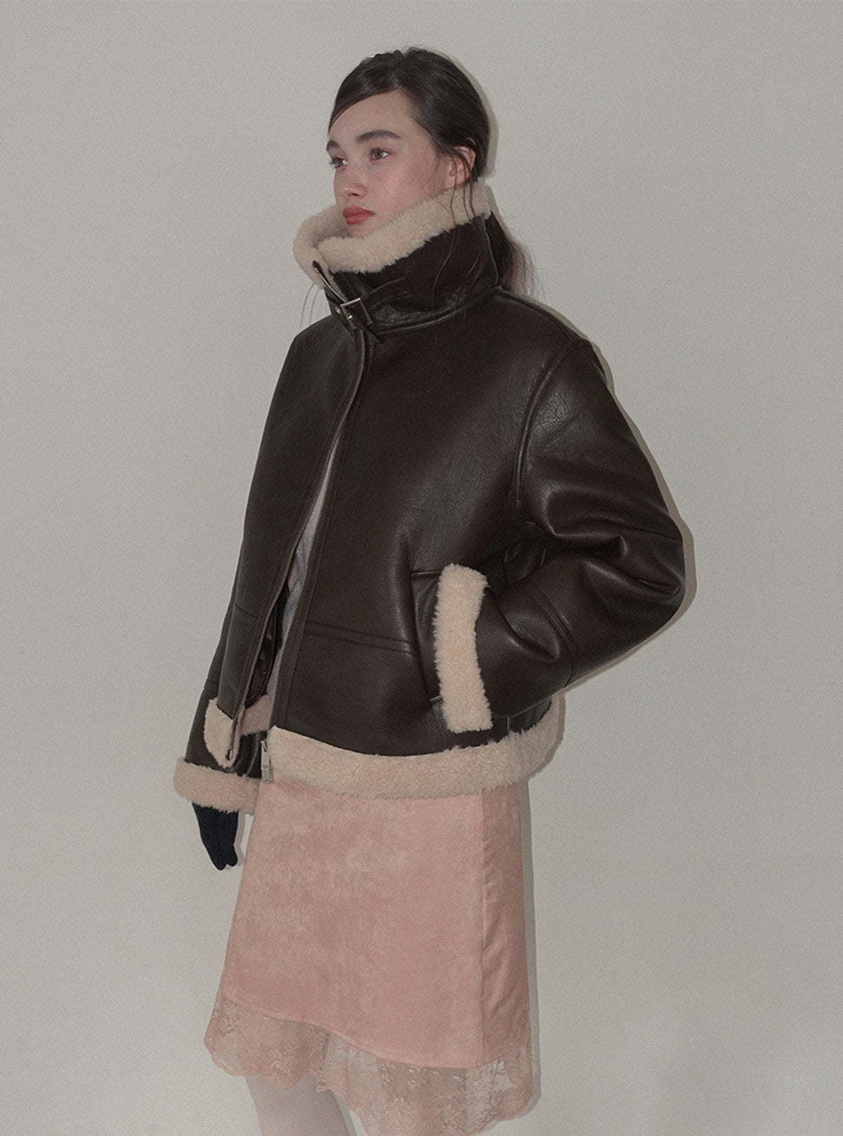Zelto basic high-neck faux leather shearling jacket | View 7
