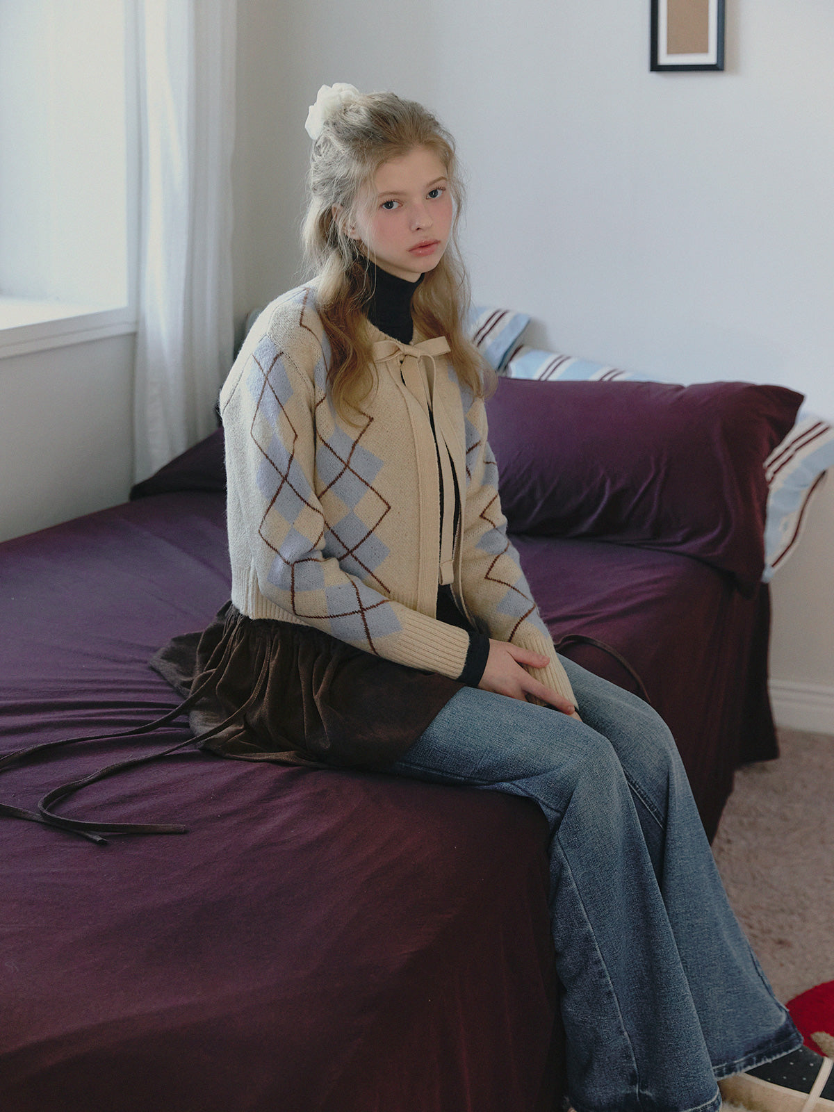 [TWEE] Beon Argyle Schleifen-Strickcardigan