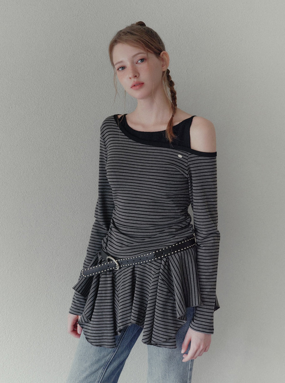 Billud one-shoulder stripe flare dress (belt set) | Main