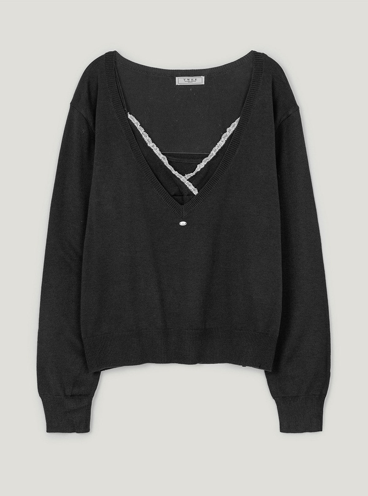 Romal lace sleeveless deep V-neck knit set | Charcoal cutout