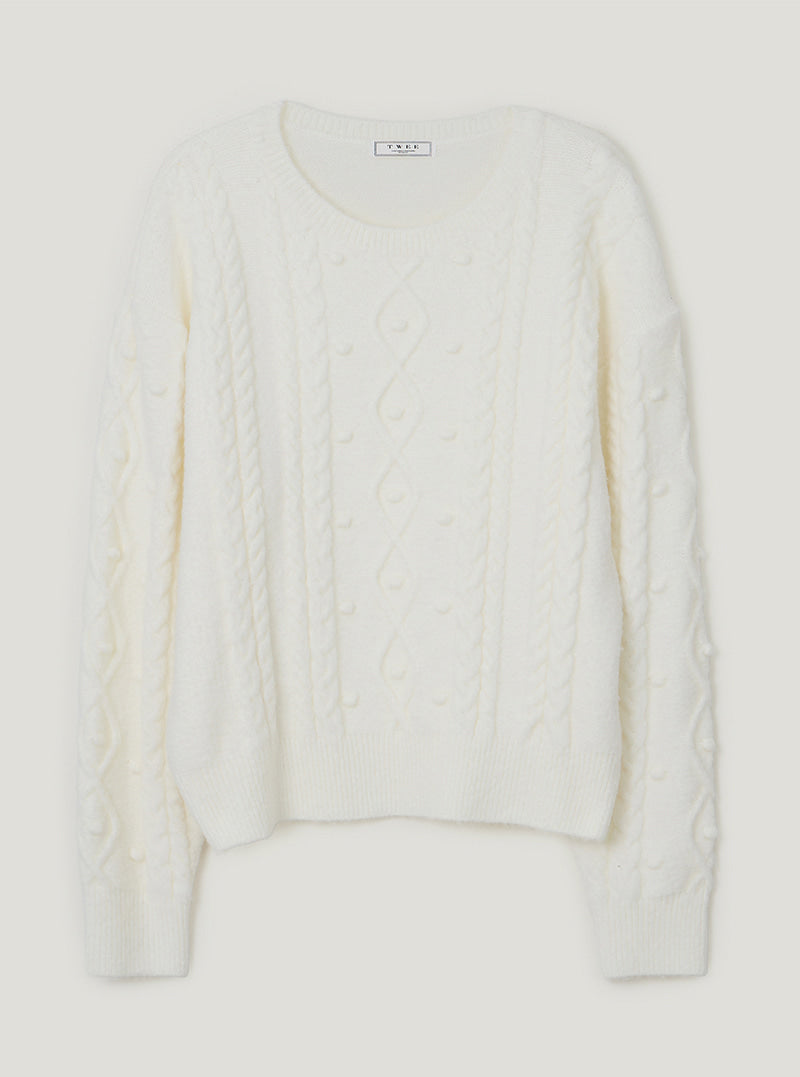 TWEE Kuti cable pattern round neck long sleeve knit | Ivory product-only view
