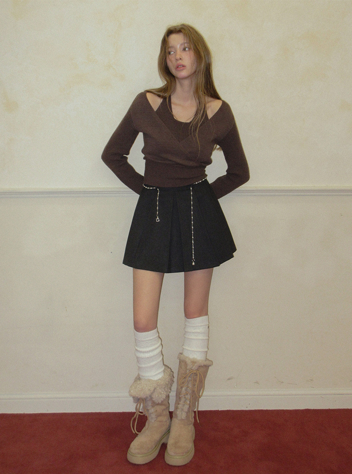 TWEE Enan textured pleated mini skirt | Product styling view 3