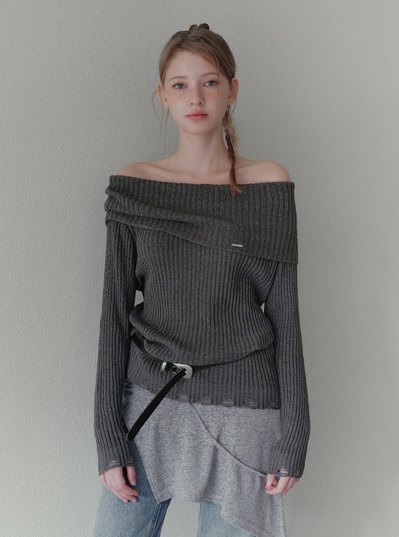 Kaen vintage distressed off-shoulder long sleeve knit | View 5