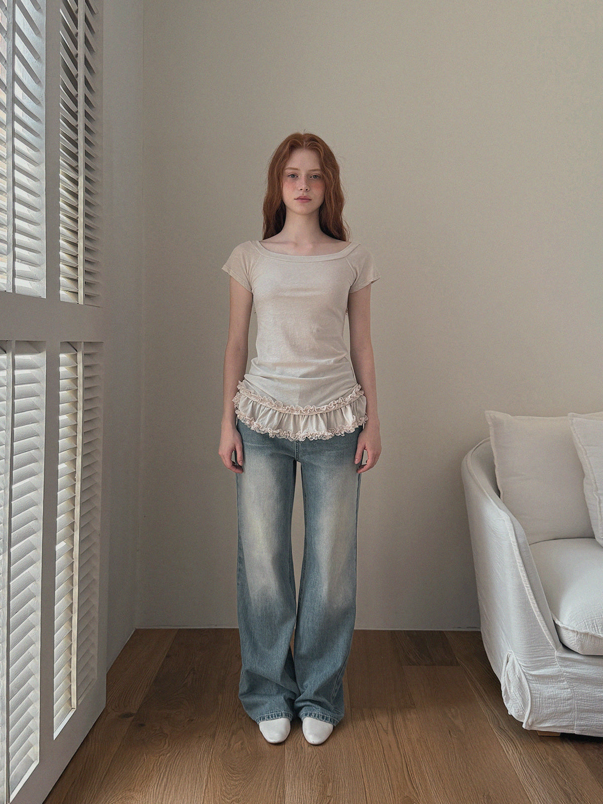 Beige Frill Off-Shoulder Short Sleeve Tee