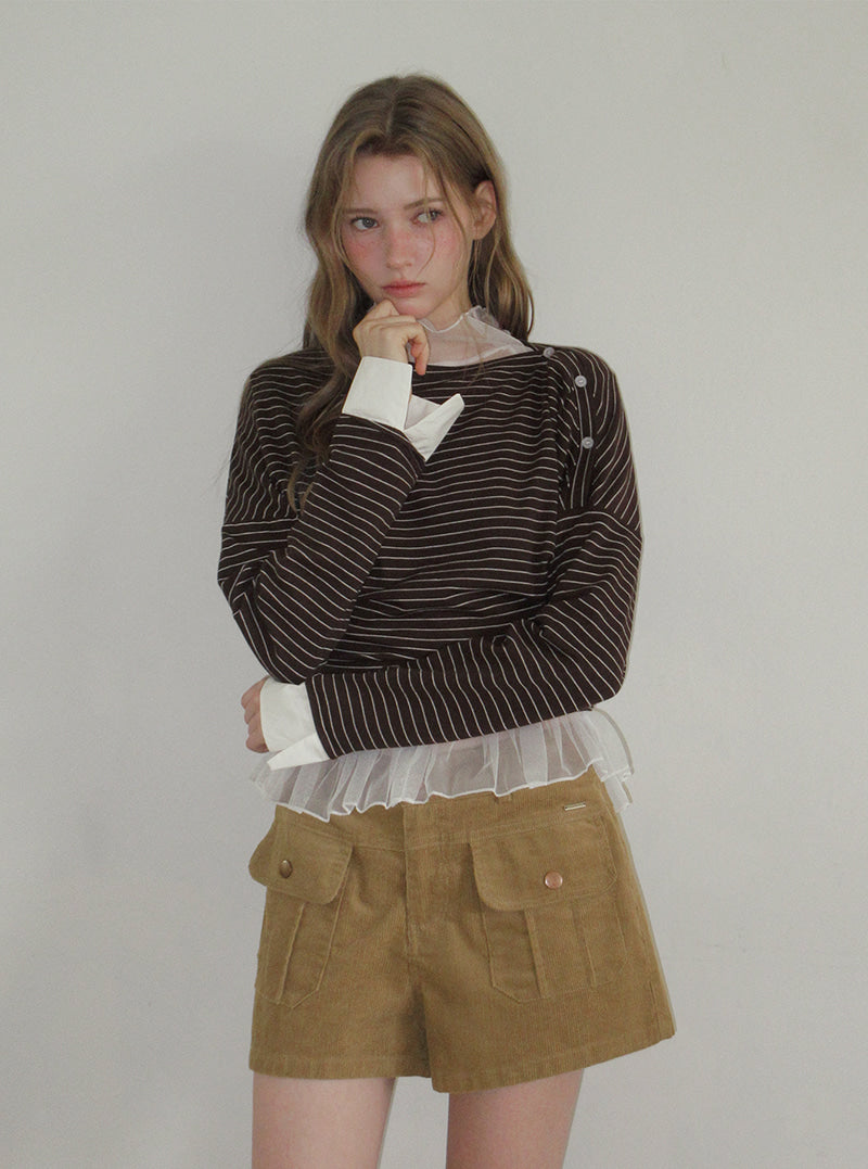 TWEE Ribol shirt contrast button stripe long sleeve T-shirt | Product styling view 3