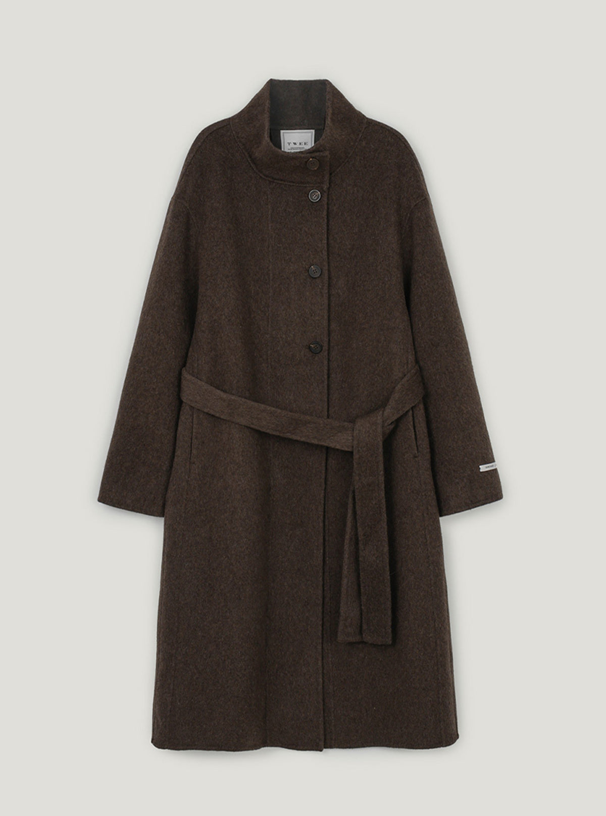 Obez asymmetric button handmade long coat (strap set) | Brown cutout