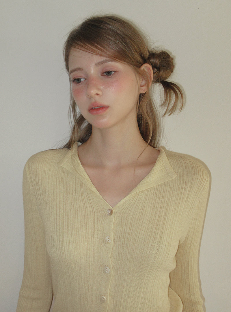 TWEE Rie basic ribbed knit long sleeve cardigan | Product styling view 7
