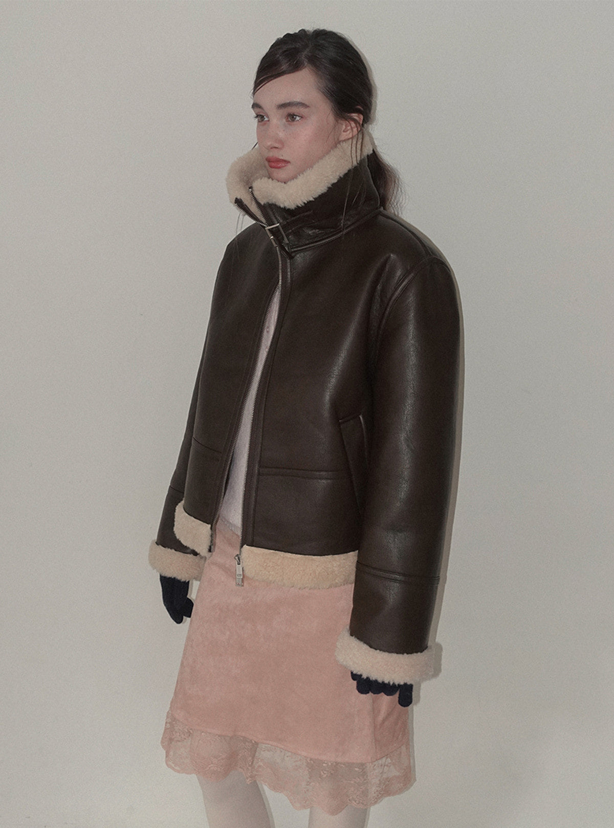 Zelto basic high-neck faux leather shearling jacket | View 10