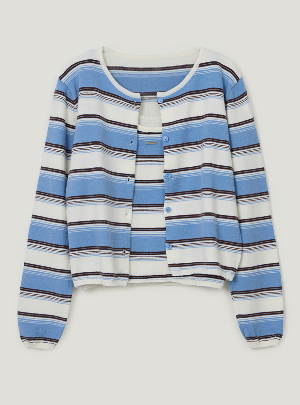 TWEE Curvin wide stripe sleeveless cardigan set | Blue product-only view