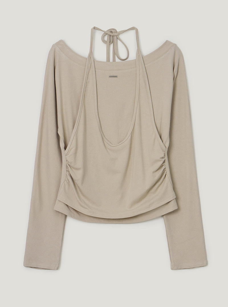 TWEE Robol halter sleeveless layered long sleeve T-shirt | Beige product-only view