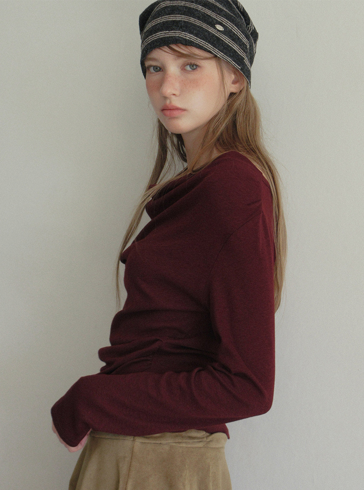 TWEE Bollin drape back slit long sleeve T-shirt | Product styling view 6
