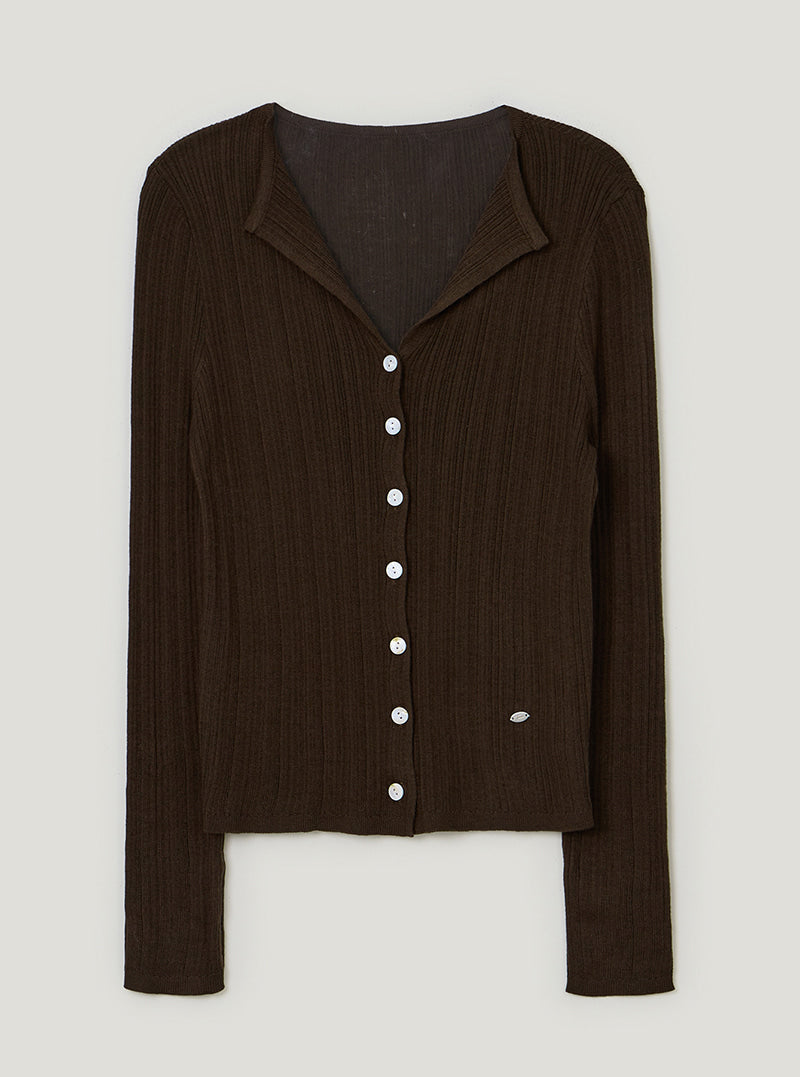 TWEE Rie basic ribbed knit long sleeve cardigan | Brown product-only view