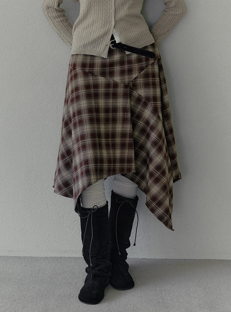 Pillin check asymmetric midi skirt (belt set) | View 6
