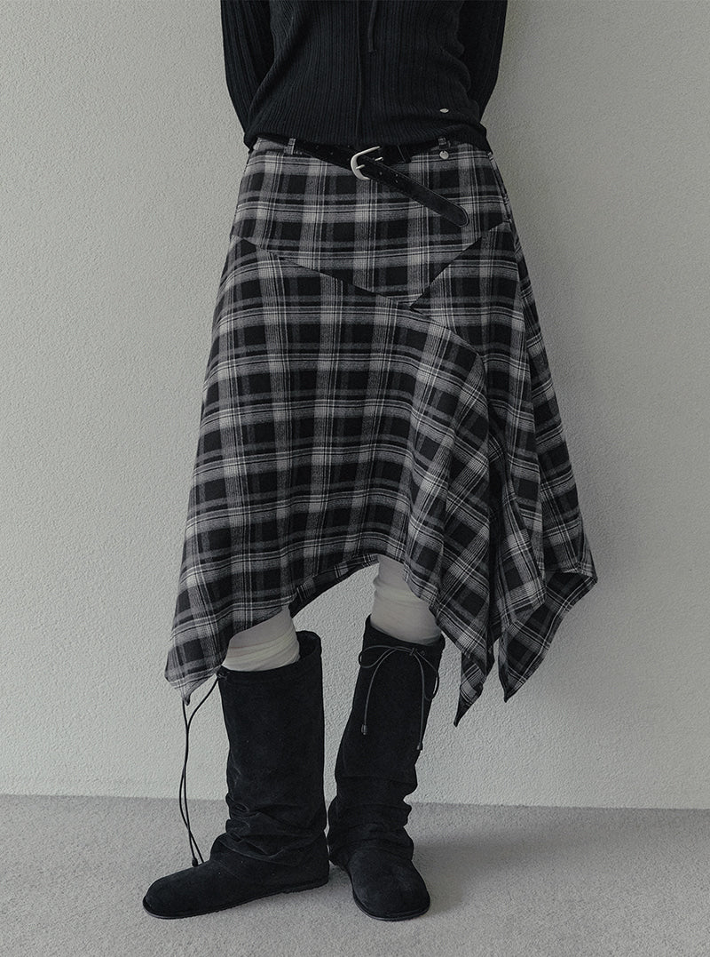 Pillin check asymmetric midi skirt (belt set) | View 12