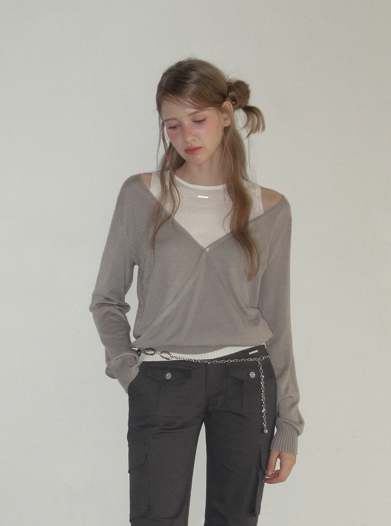TWEE Koen deep V-neck wrap layered long sleeve knit | Product styling view 5