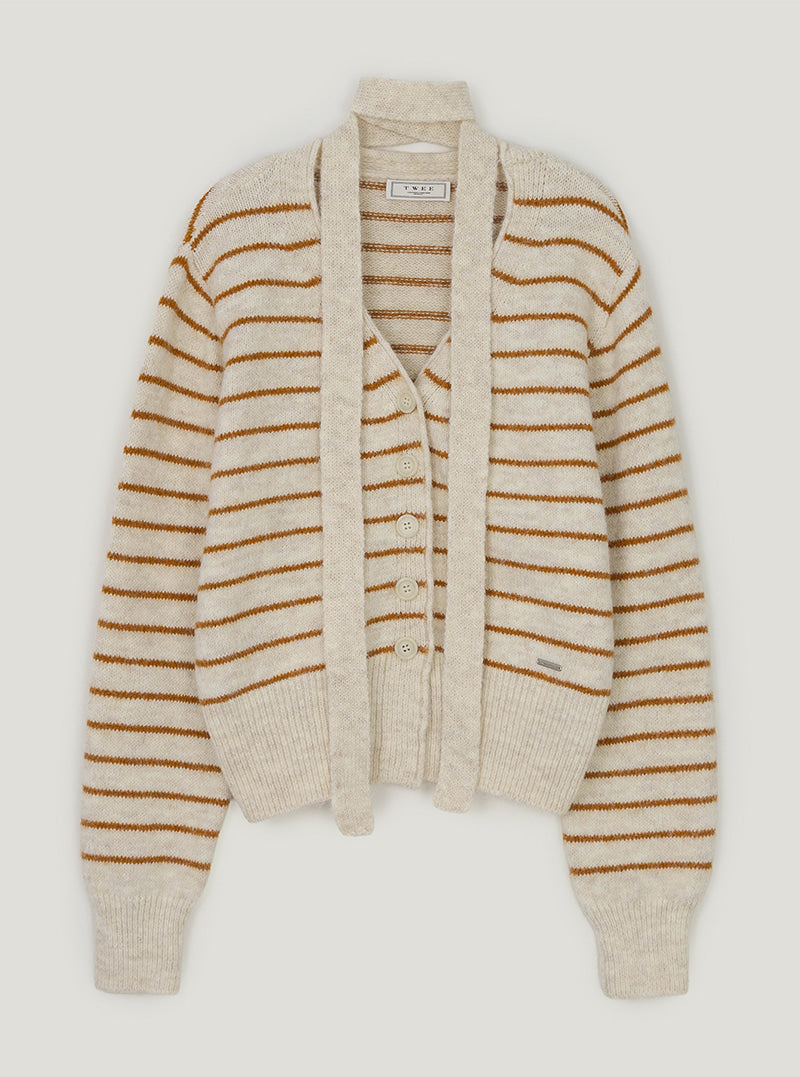 Pelia stripe knit long sleeve cardigan (strap set) | Cream cutout